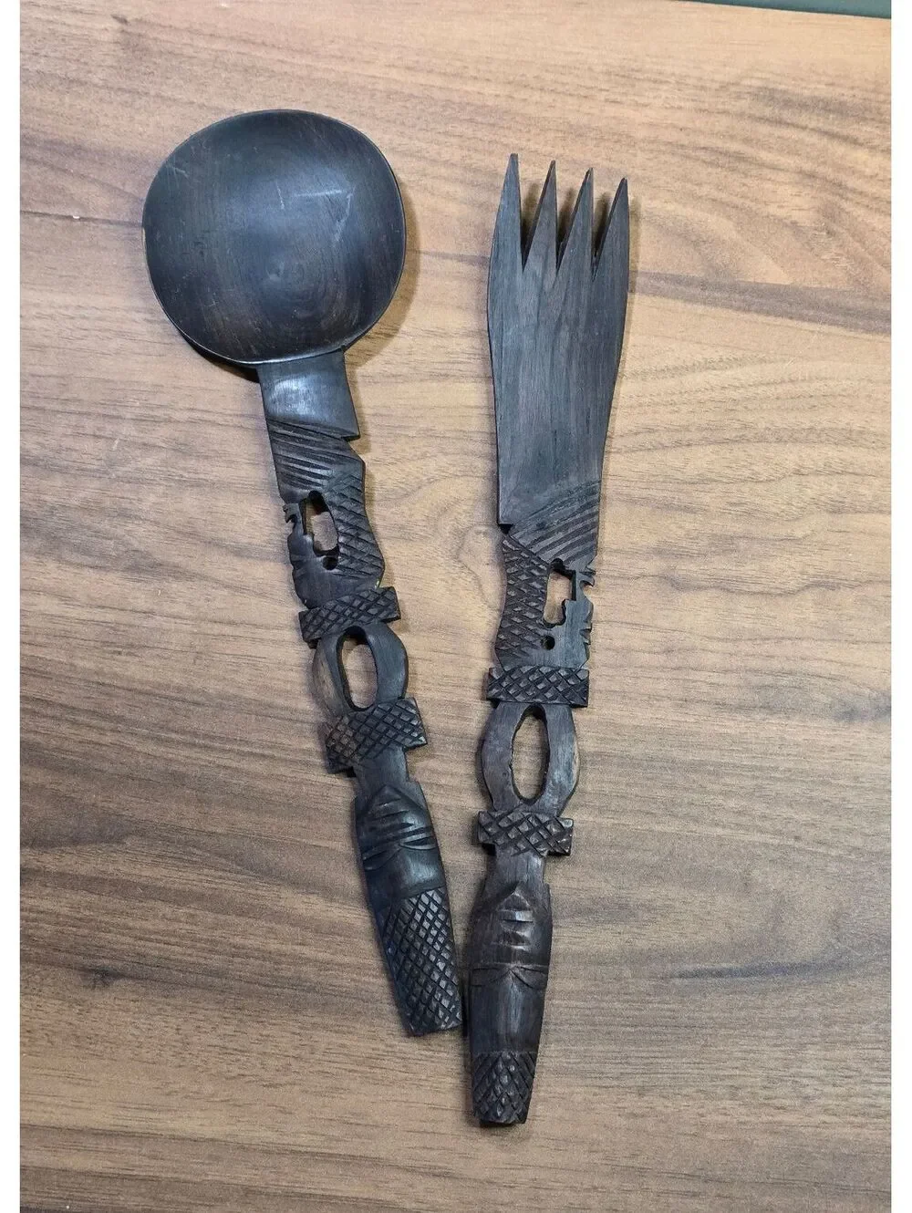 Hand Carved Wooden Salad Serving Set - Spoon and Fork